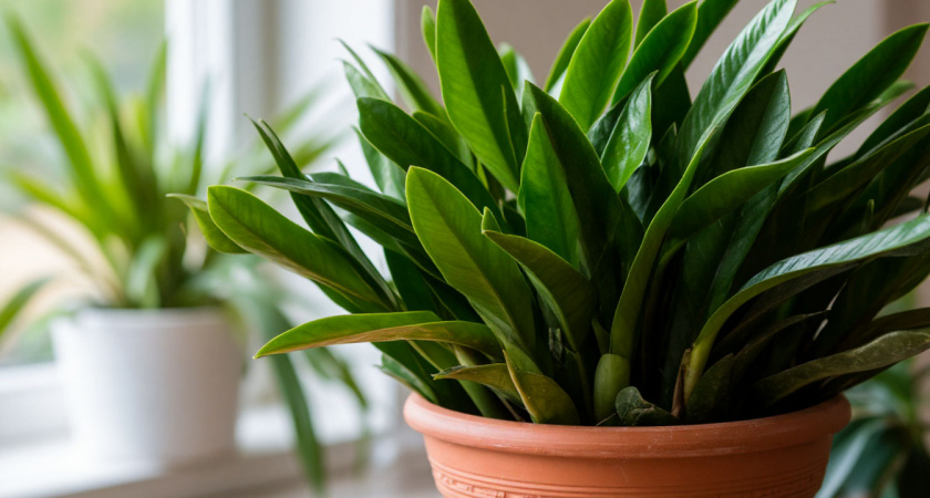 Для наращивания зеленой массы замиокулькасу — непременно: несколько капель в воду — листья суккулента мясистые и блестящие