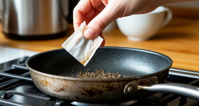 Два пакетика заливаю кипятком, и сковорода как новая: от 100-летнего нагара не осталось и следа