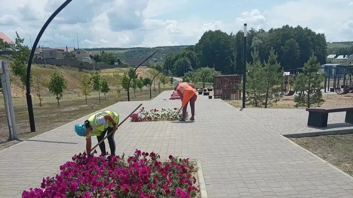 В Лисках коммунальщики косят траву, пропалывают клумбы и латают ямы на дорогах